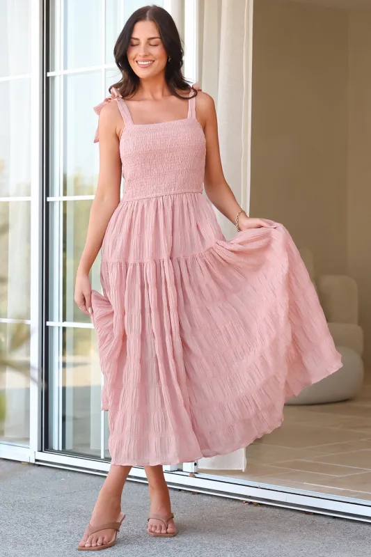 Zoella Midi Dress - Tie Strap Textured Tiered Dress in Blush sold by Salty Crush