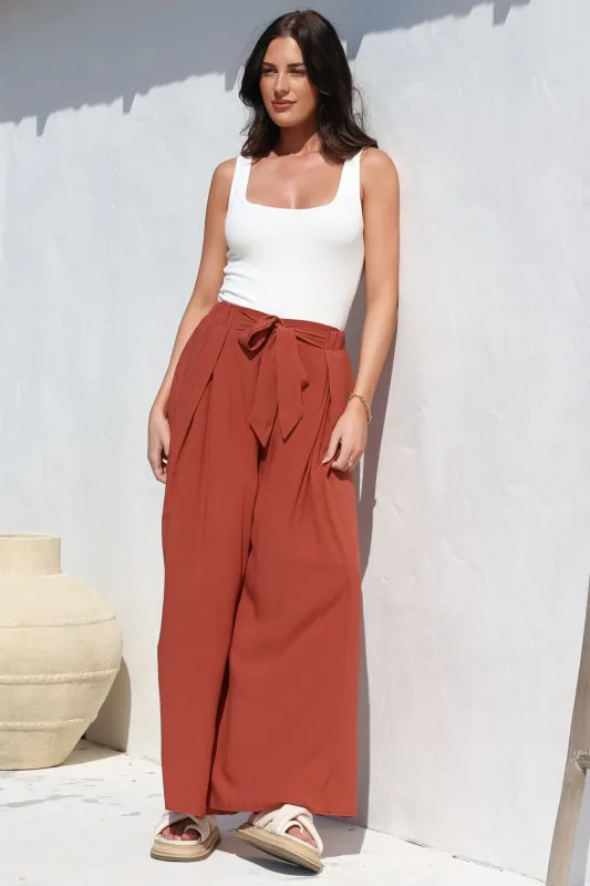 Malta Pants - High Waisted Wide Leg Pants with Tie Waist in Rust sold by Salty Crush