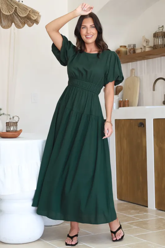 Maeana Maxi Dress - Short Balloon Sleeeve Elasticated Waist A Line Dress in Emerald sold by Salty Crush