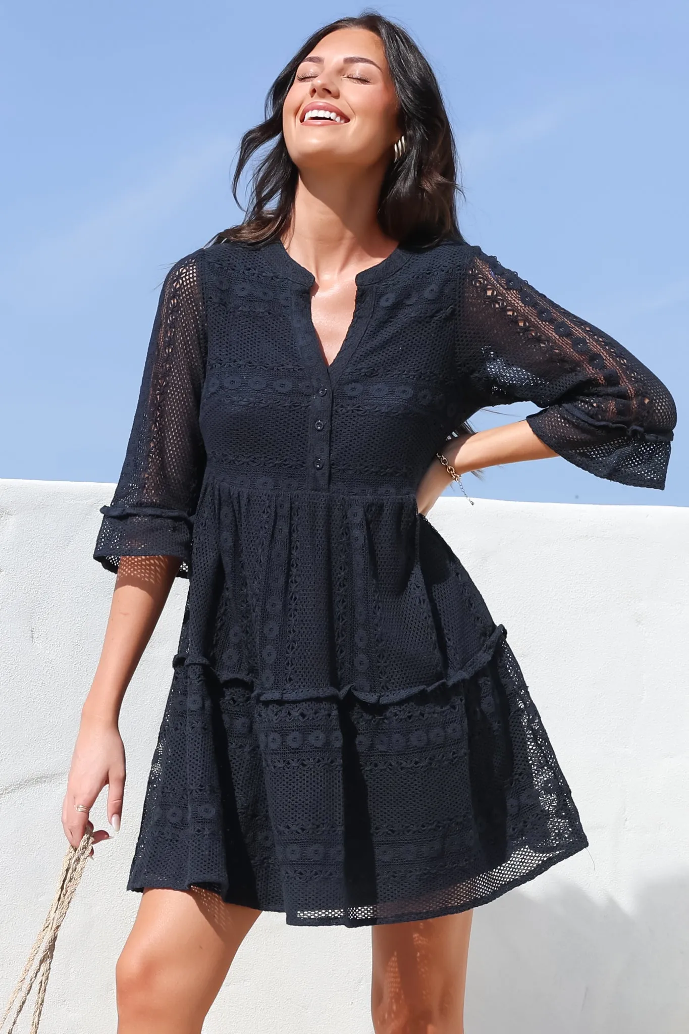 Emberly Mini Dress - Open-Work Lace Dress with Buttoned Bodice in Navy sold by Salty Crush product image thumbnail 5