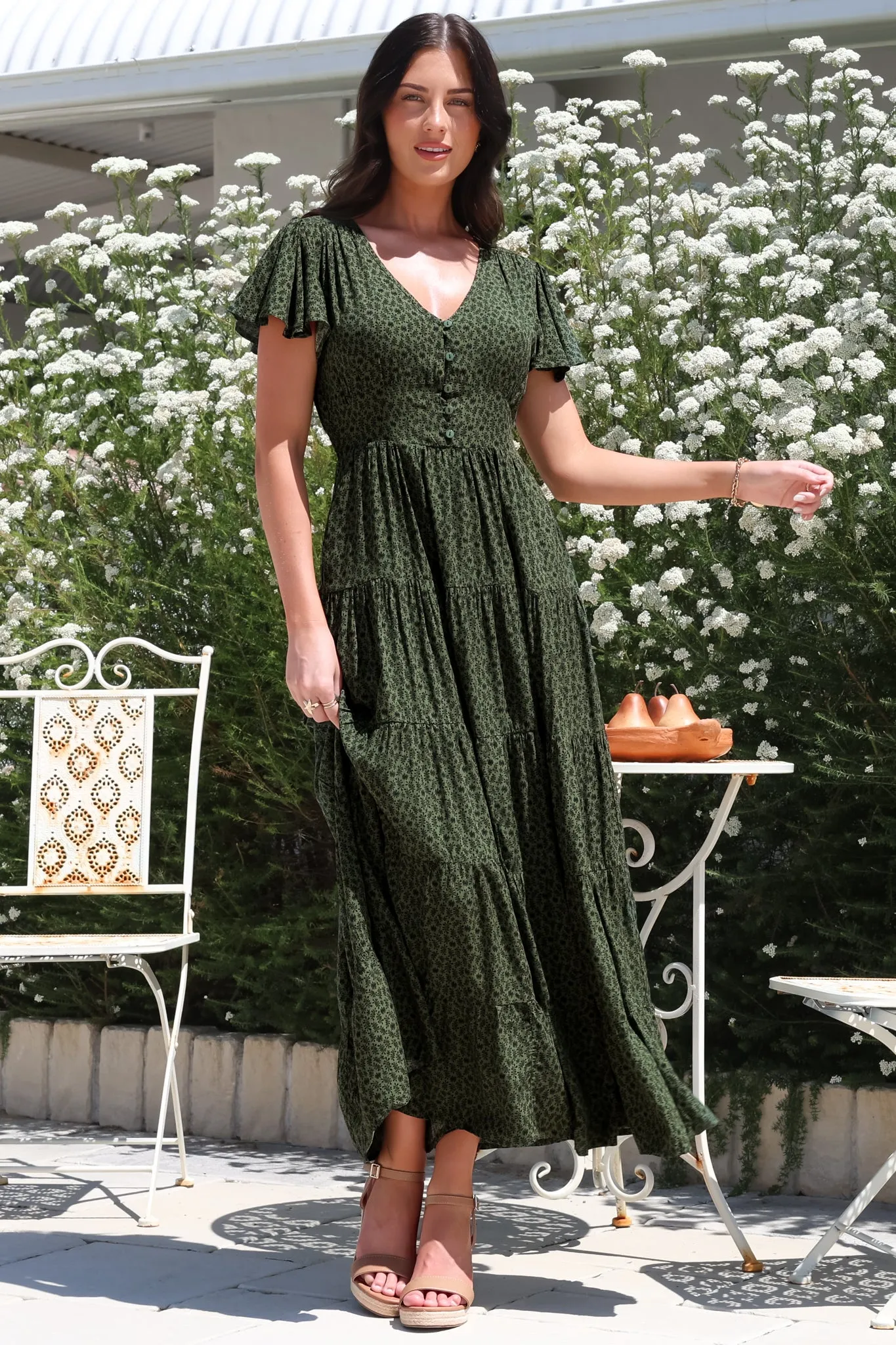 Selena Maxi Dress - Tiered A-Line Dress with Flutter Cap Sleeves in Borah Print Green sold by Salty Crush product image thumbnail 4