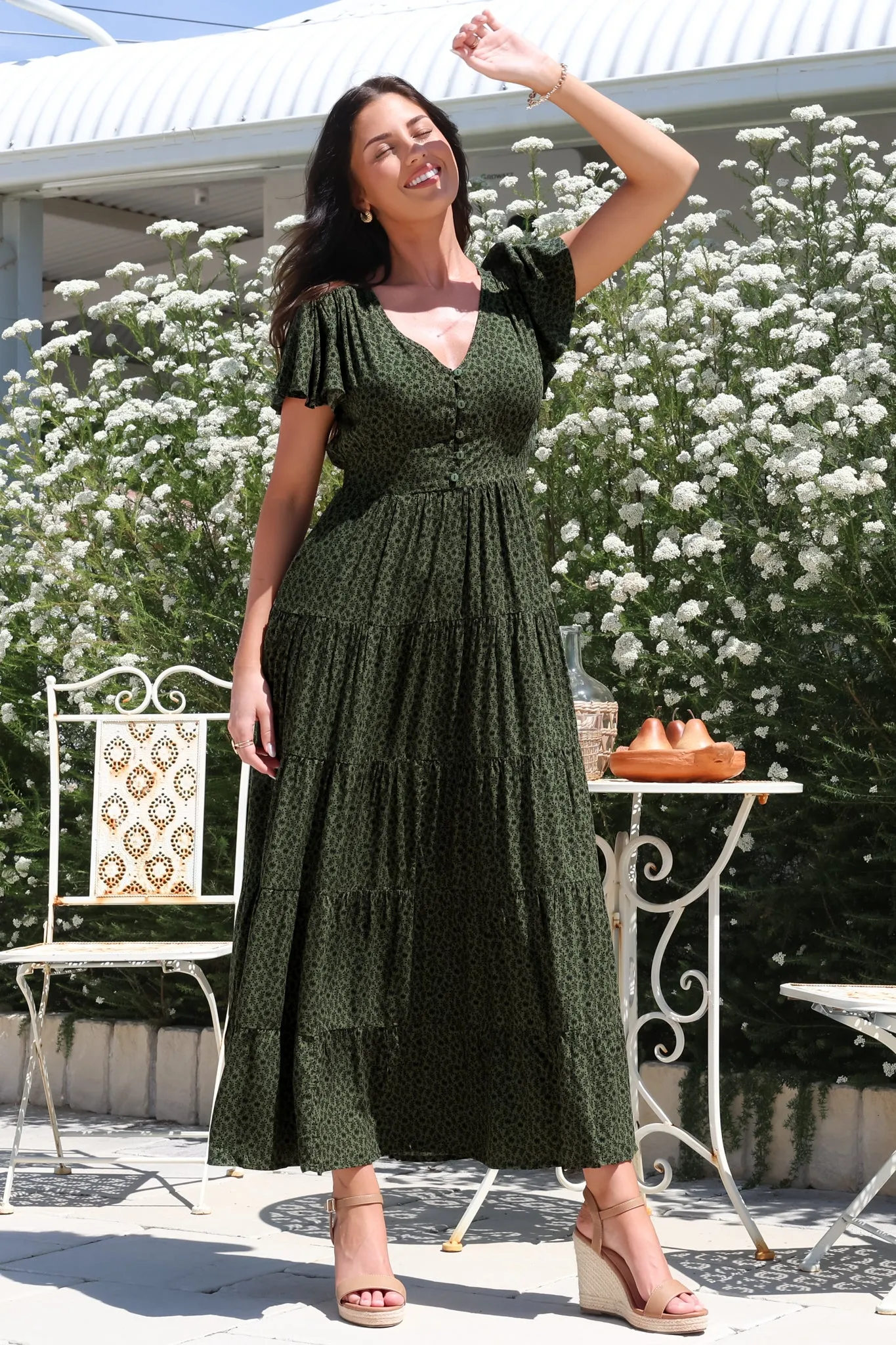 Selena Maxi Dress - Tiered A-Line Dress with Flutter Cap Sleeves in Borah Print Green sold by Salty Crush product image thumbnail 3