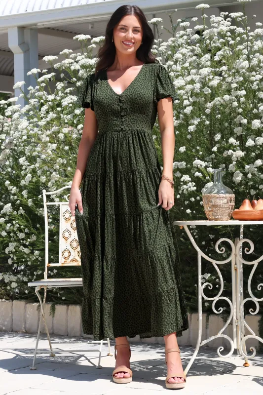 Selena Maxi Dress - Tiered A-Line Dress with Flutter Cap Sleeves in Borah Print Green sold by Salty Crush
