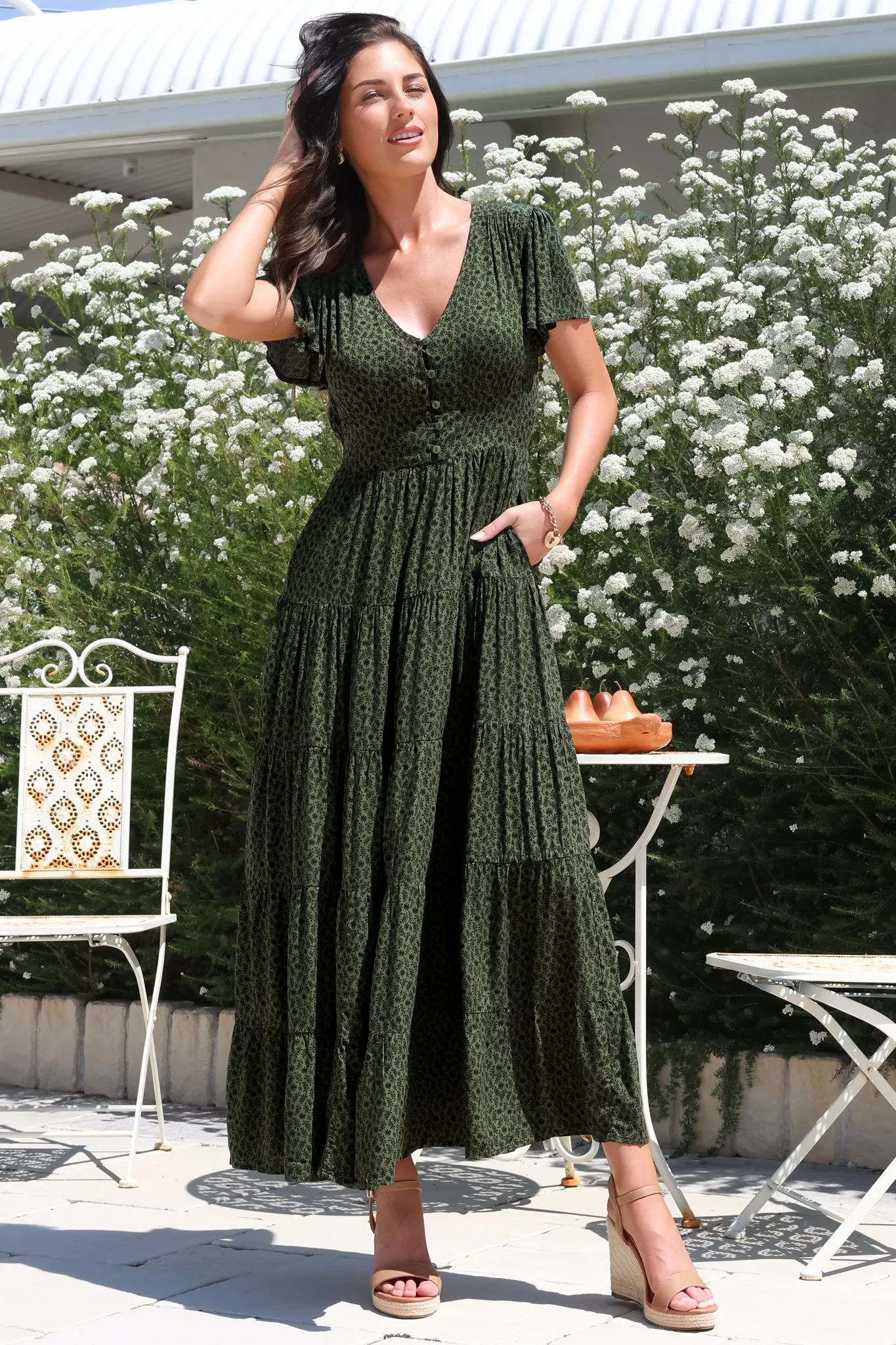 Selena Maxi Dress - Tiered A-Line Dress with Flutter Cap Sleeves in Borah Print Green sold by Salty Crush product image thumbnail 5