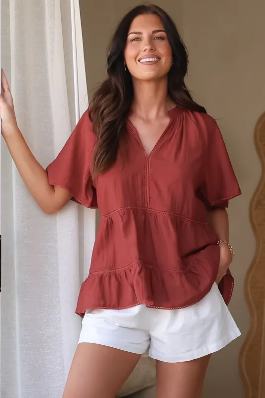 Ellery Top - Mandarin Collar Smock Top with Ladder Lace Insert Splicing in Rust sold by Salty Crush