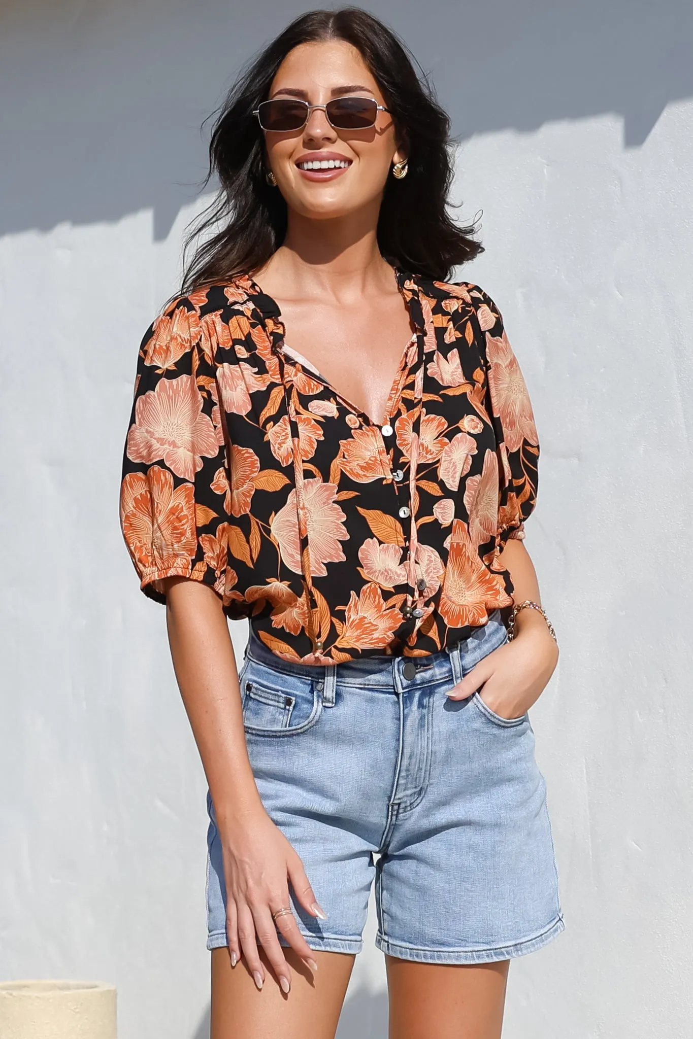Neo Blouse - High Frill Collar Button Down Shirt in Yasmin Print Black sold by Salty Crush product image thumbnail 5
