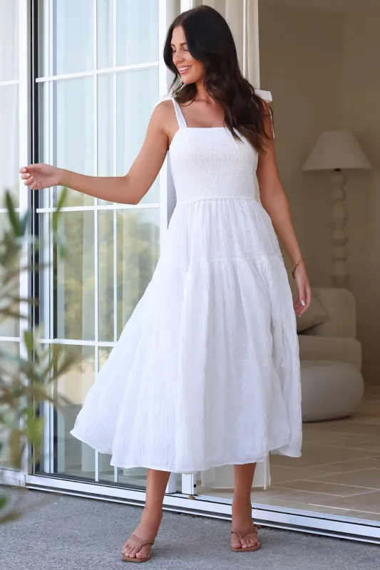 Zoella Midi Dress - Tie Strap Textured Tiered Dress in White sold by Salty Crush
