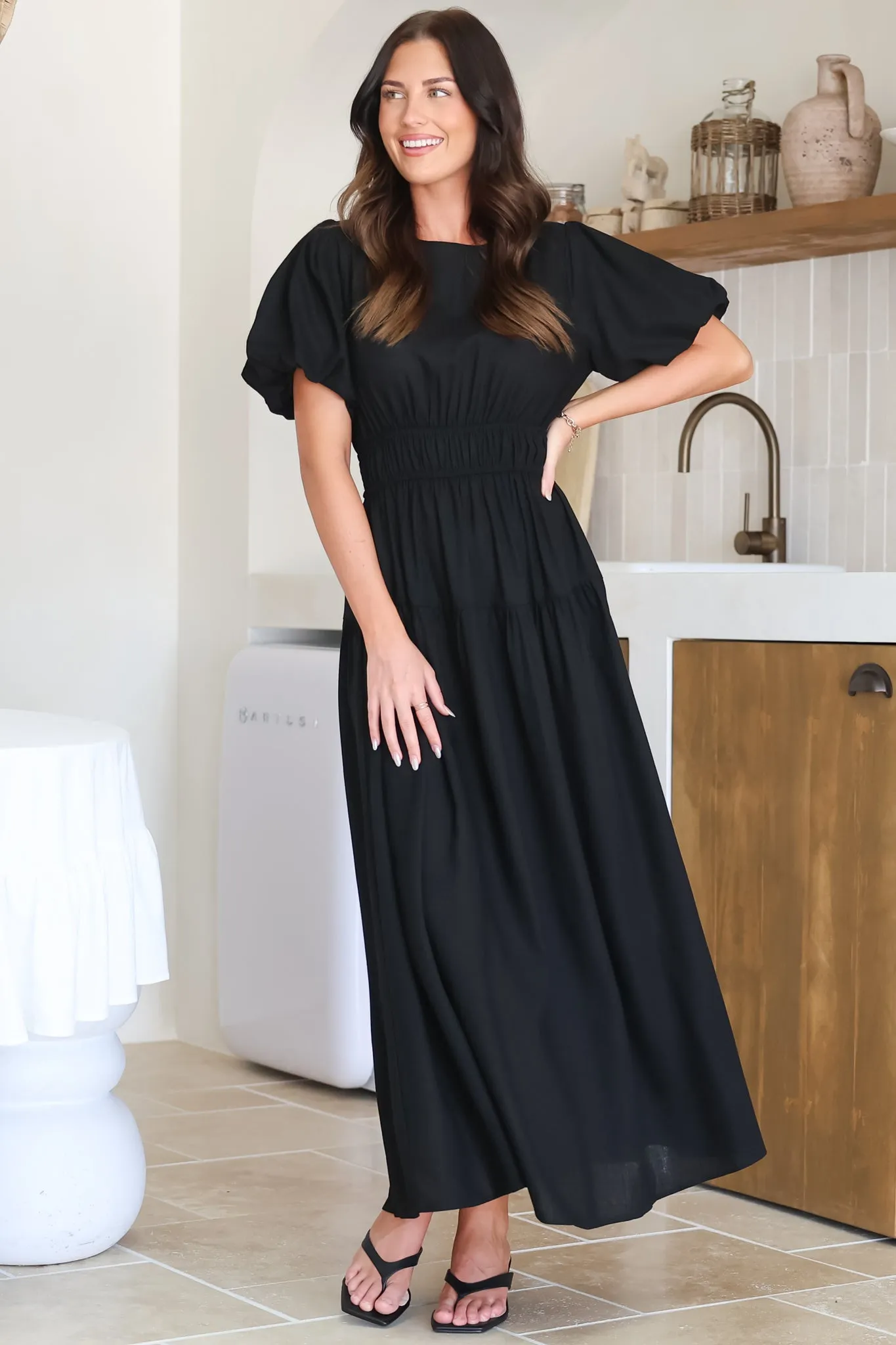 Maeana Maxi Dress - Short Balloon Sleeeve Elasticated Waist A Line Dress in Black sold by Salty Crush product image thumbnail 5