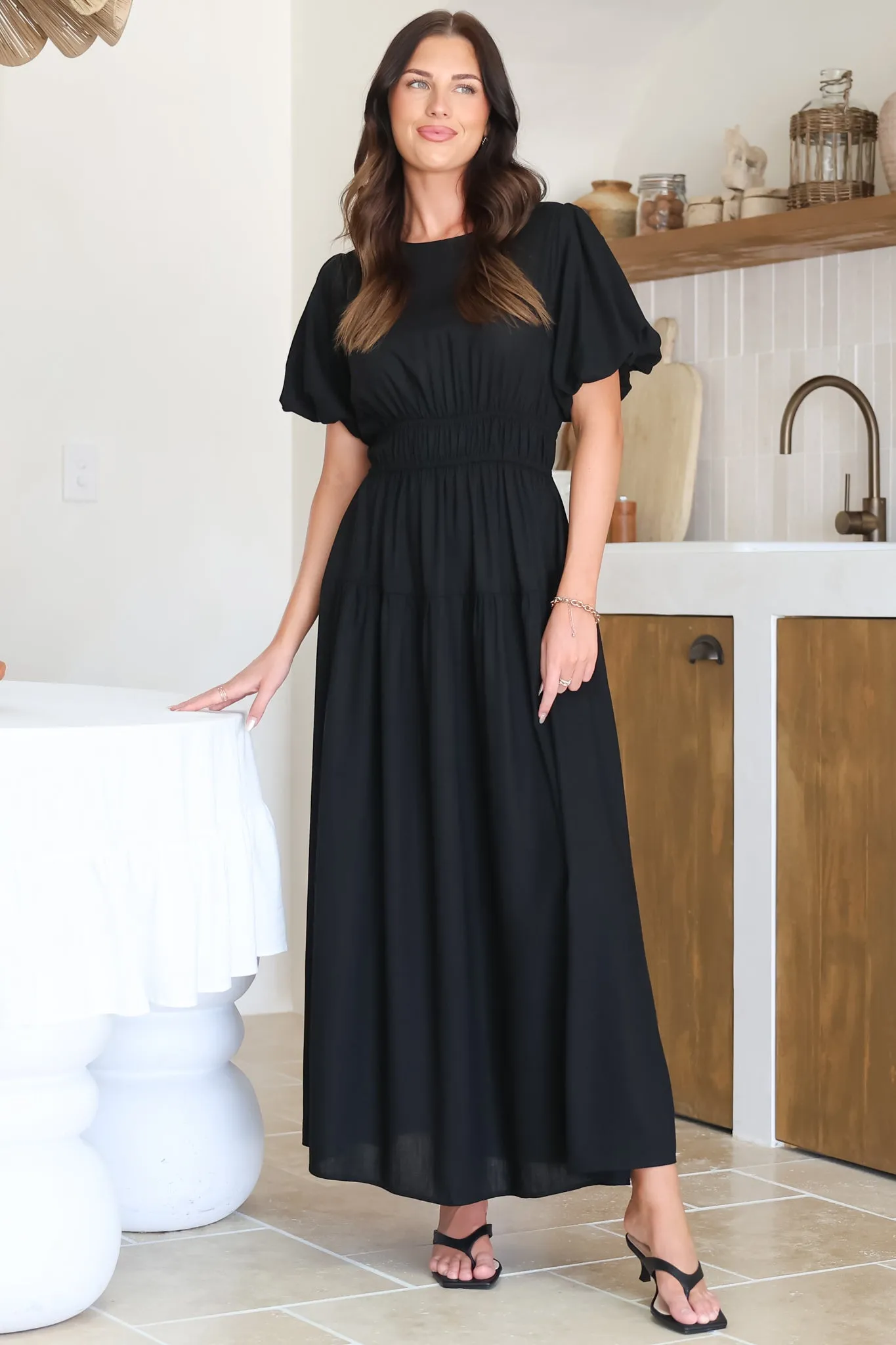 Maeana Maxi Dress - Short Balloon Sleeeve Elasticated Waist A Line Dress in Black sold by Salty Crush
