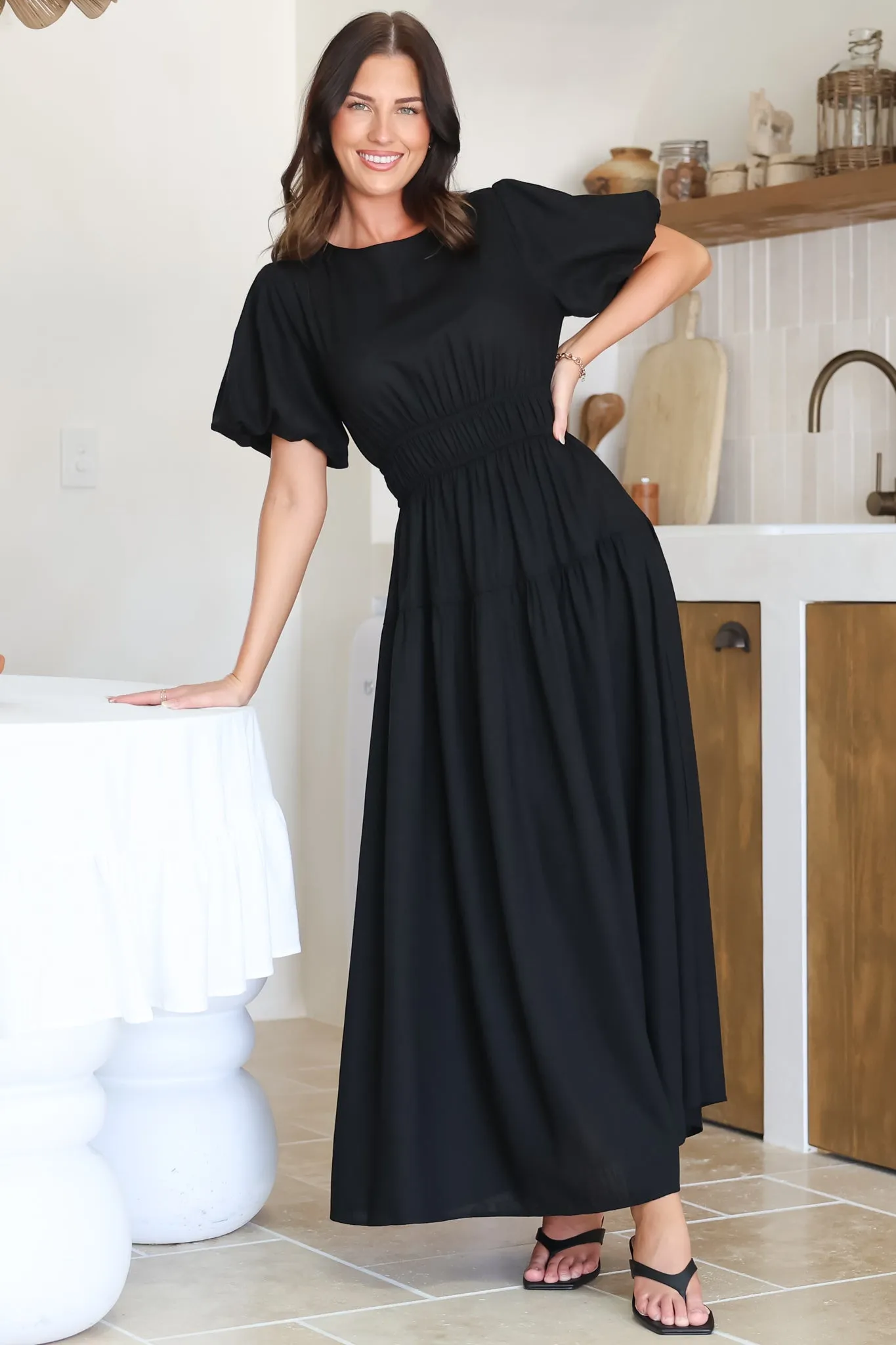 Maeana Maxi Dress - Short Balloon Sleeeve Elasticated Waist A Line Dress in Black sold by Salty Crush product image thumbnail 4