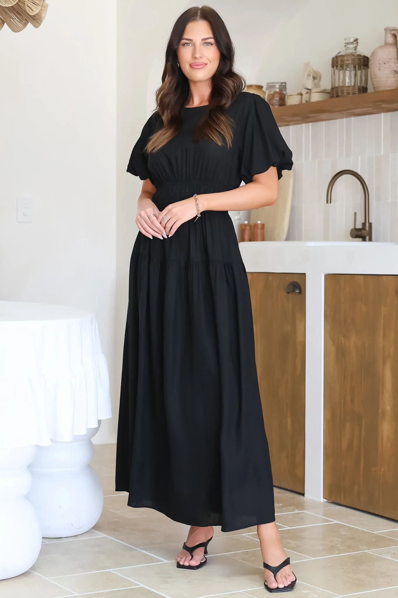 Maeana Maxi Dress - Short Balloon Sleeeve Elasticated Waist A Line Dress in Black sold by Salty Crush product image thumbnail 3