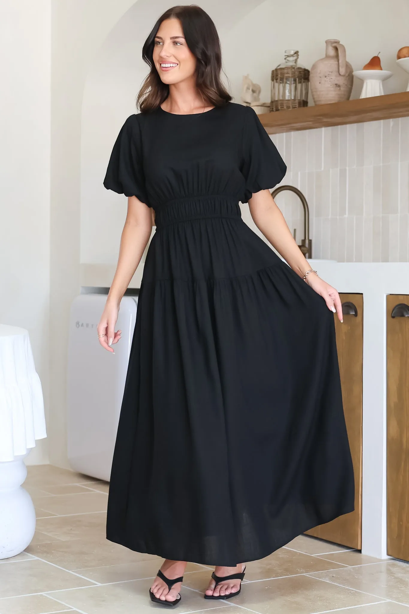 Maeana Maxi Dress - Short Balloon Sleeeve Elasticated Waist A Line Dress in Black sold by Salty Crush product image thumbnail 2