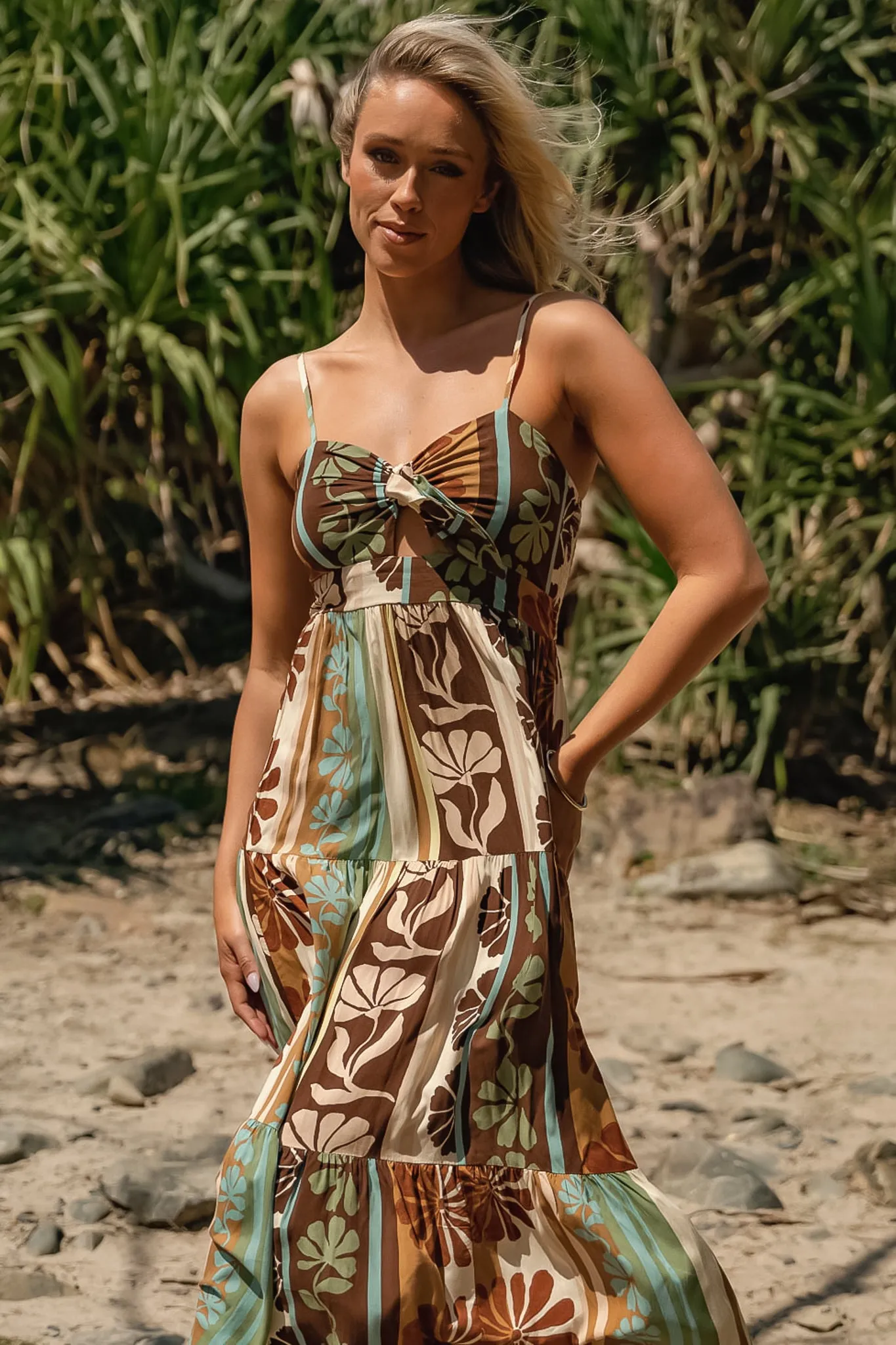 Bambi Maxi Dress - Sun Dress with Cut Out Detail and Bow at the Bust in Cacao Mist Print sold by Salty Crush product image thumbnail 2
