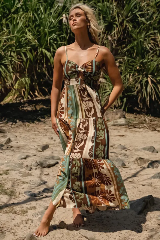 Bambi Maxi Dress - Sun Dress with Cut Out Detail and Bow at the Bust in Cacao Mist Print sold by Salty Crush