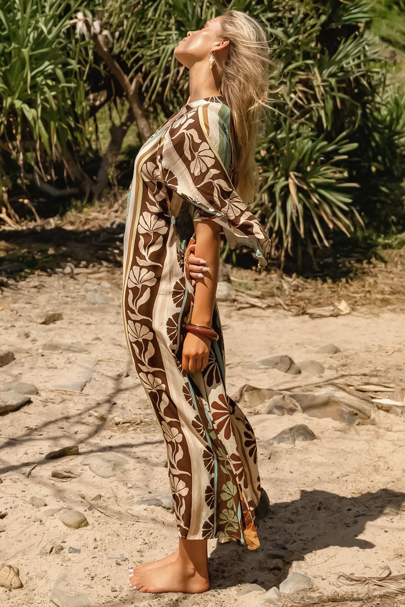 Bree Maxi Dress - Handkerchief Sleeve V Neck Shift Dress in Cacao Mist Print sold by Salty Crush product image thumbnail 3