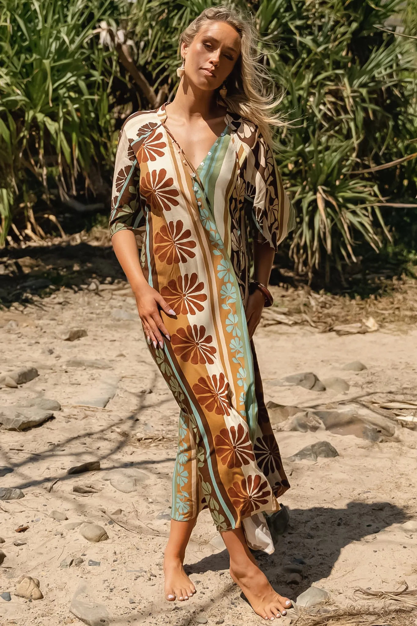 Bree Maxi Dress - Handkerchief Sleeve V Neck Shift Dress in Cacao Mist Print sold by Salty Crush