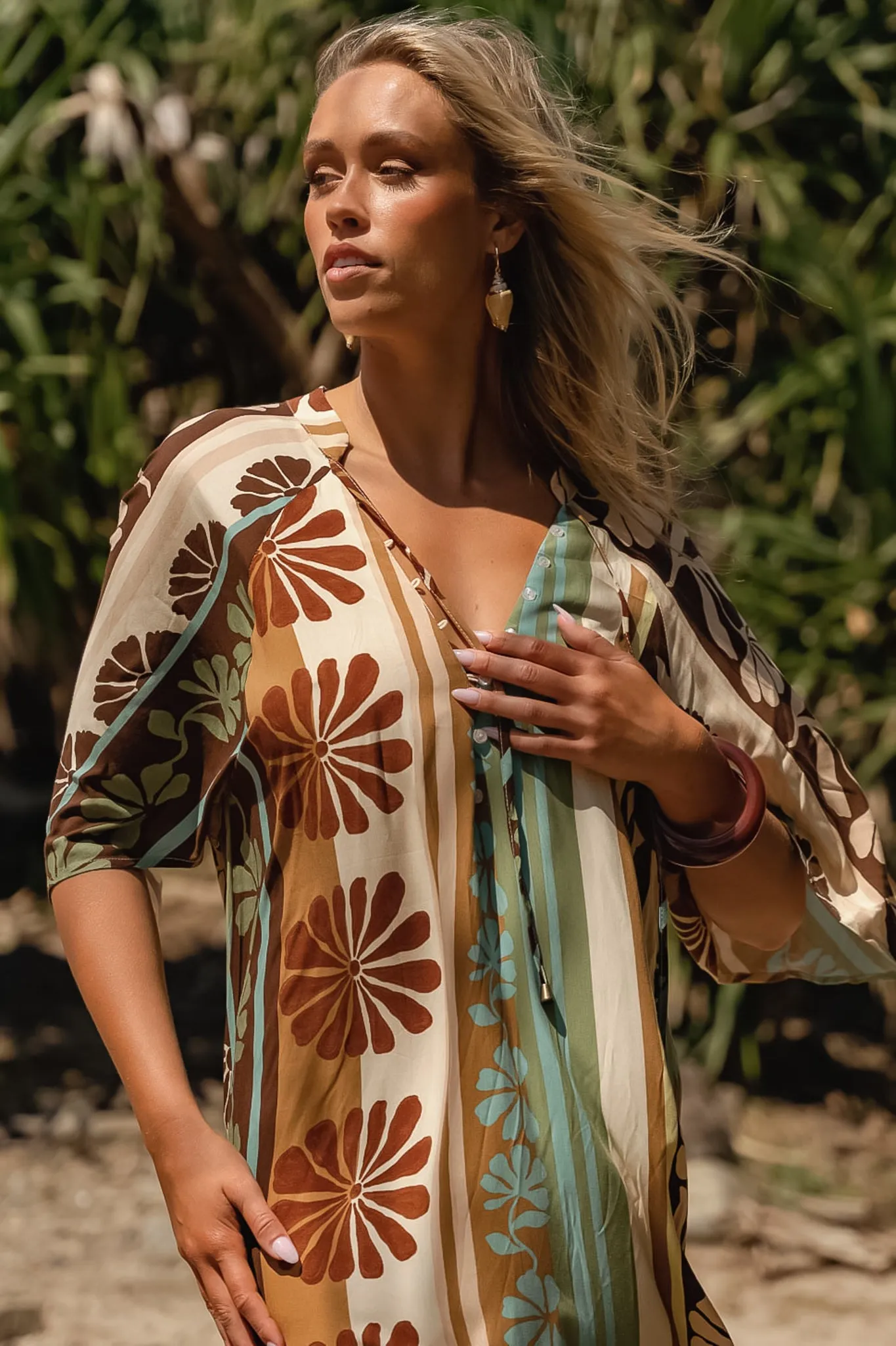 Bree Maxi Dress - Handkerchief Sleeve V Neck Shift Dress in Cacao Mist Print sold by Salty Crush product image thumbnail 2