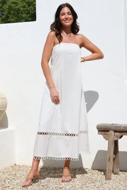 Edna Maxi Dress - Strapless A-Line Dress with Lace Insert and Trim in Cream sold by Salty Crush