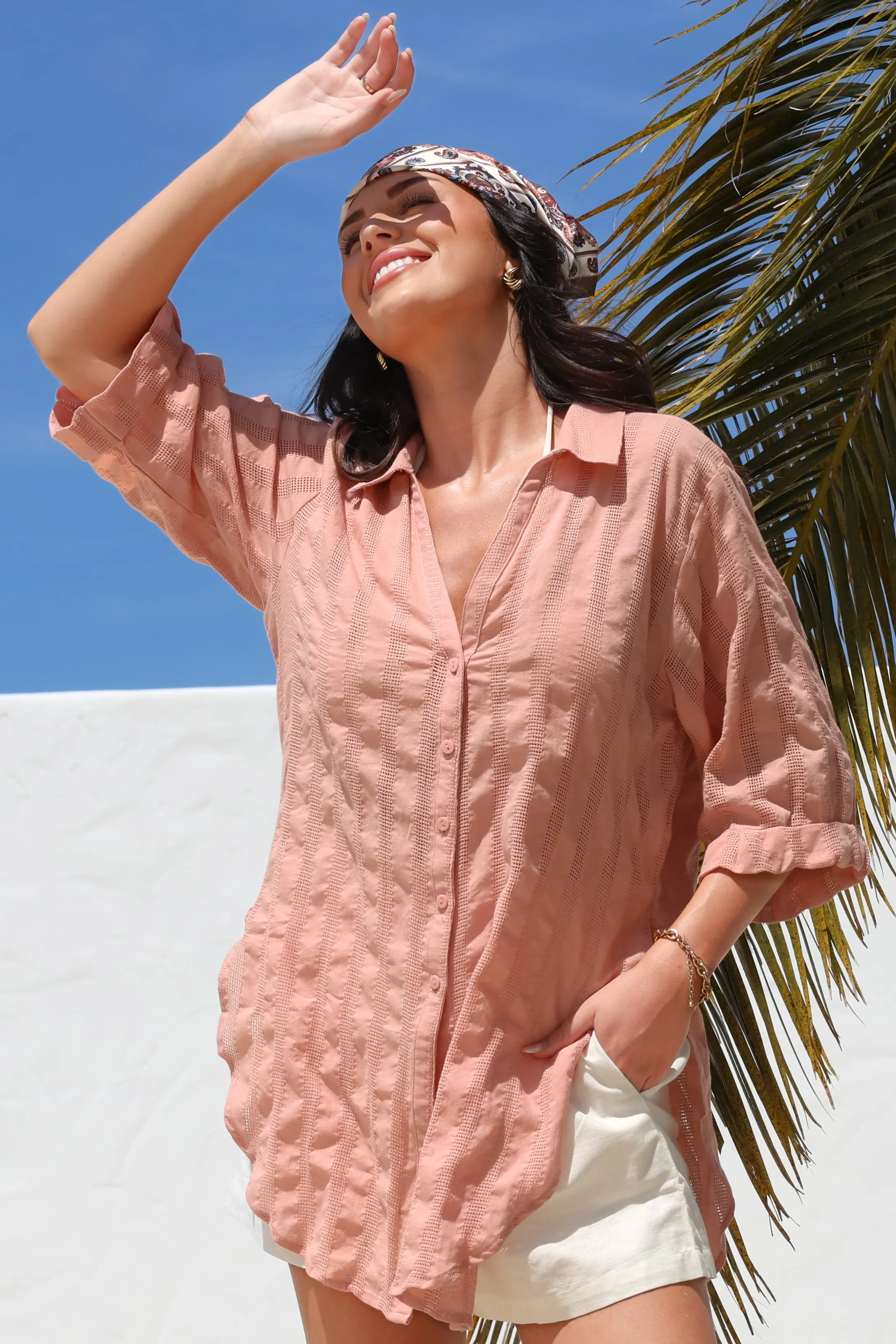 Beachly Mesh Shirt - Cotton Mesh Stripe Relaxed Button Down Shirt in Blush sold by Salty Crush product image thumbnail 2