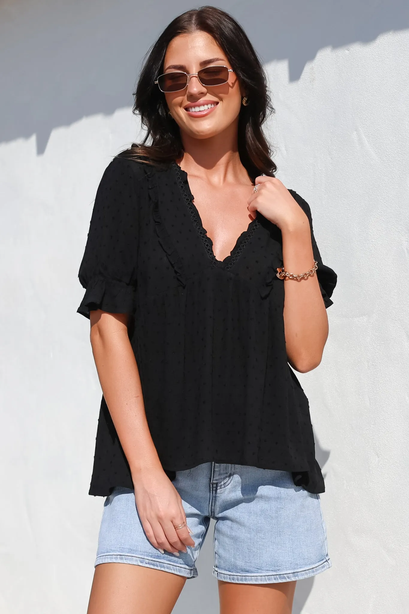 Catha Top - Frill Neckline Empire Bustline Top with Short Balloon Sleeves in Black sold by Salty Crush product image thumbnail 2