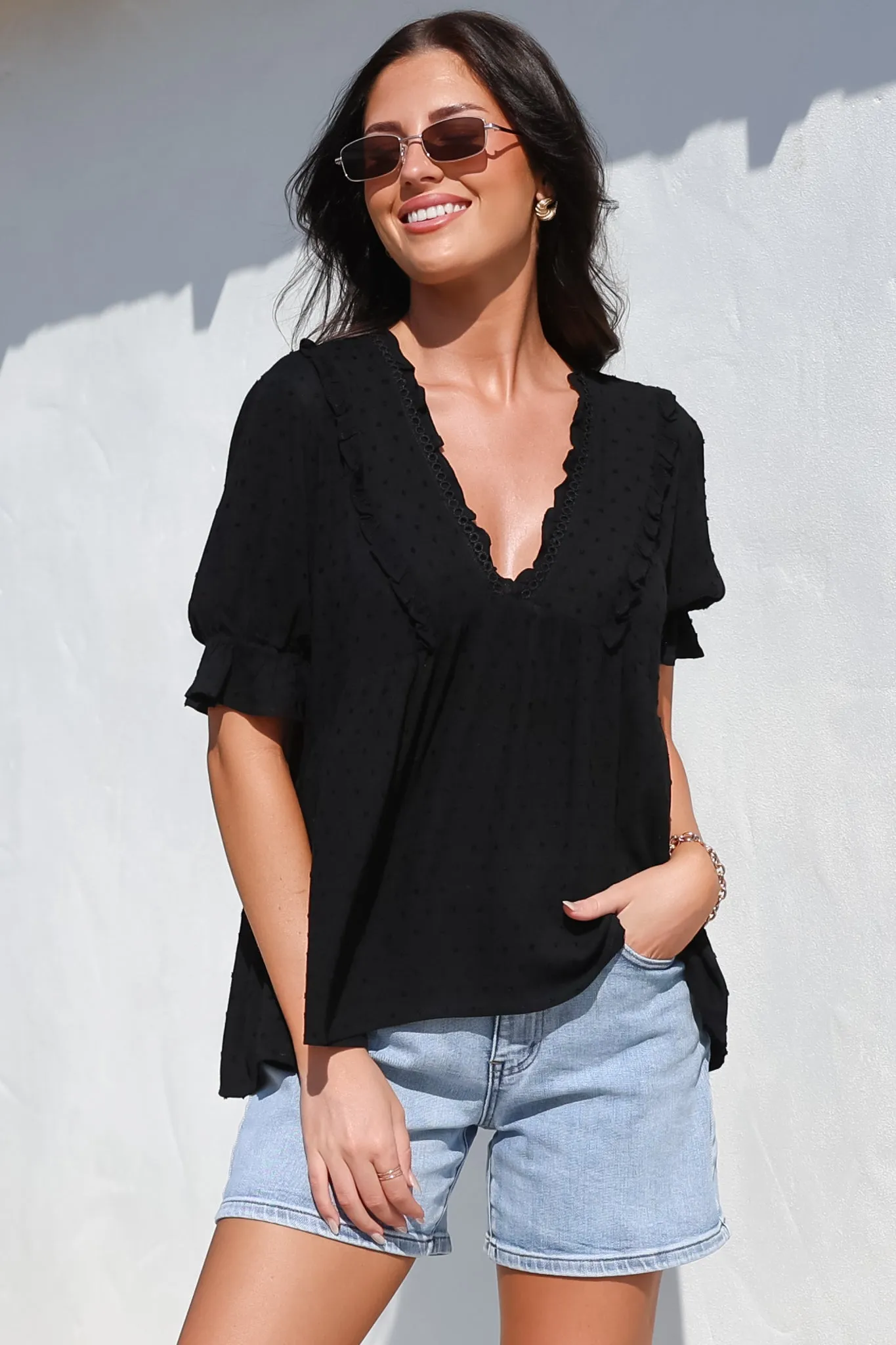 Catha Top - Frill Neckline Empire Bustline Top with Short Balloon Sleeves in Black sold by Salty Crush product image thumbnail 4