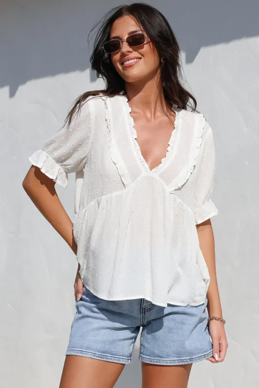 Catha Top - Frill Neckline Empire Bustline Top with Short Balloon Sleeves in White sold by Salty Crush
