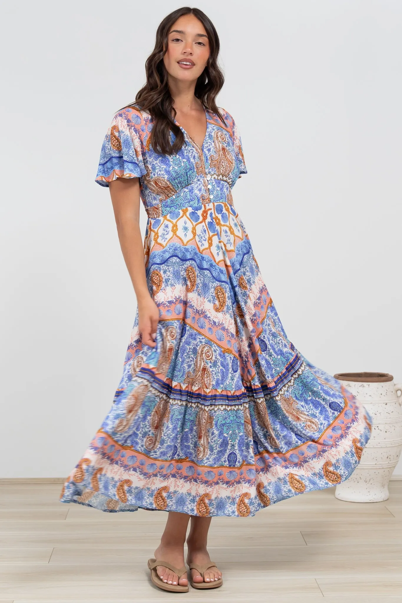 Libby Maxi Dress - Flutter Cap Sleeve Button Waist Detailed A Line Dress in Belly Print sold by Salty Crush product image thumbnail 3
