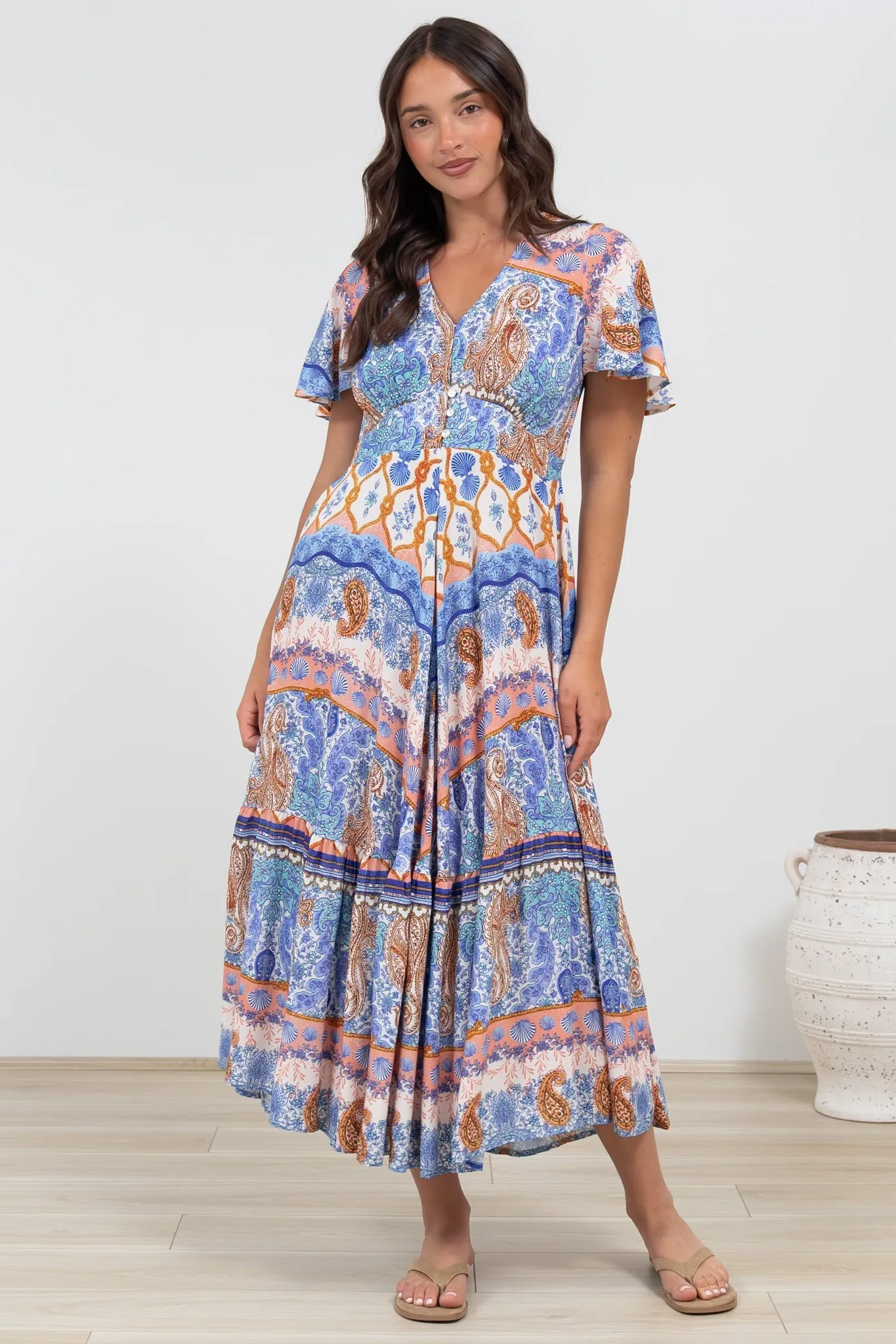 Libby Maxi Dress - Flutter Cap Sleeve Button Waist Detailed A Line Dress in Belly Print sold by Salty Crush product image thumbnail 2