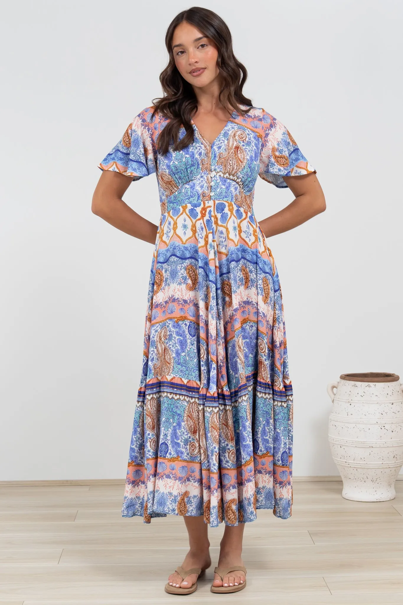 Libby Maxi Dress - Flutter Cap Sleeve Button Waist Detailed A Line Dress in Belly Print sold by Salty Crush product image thumbnail 4