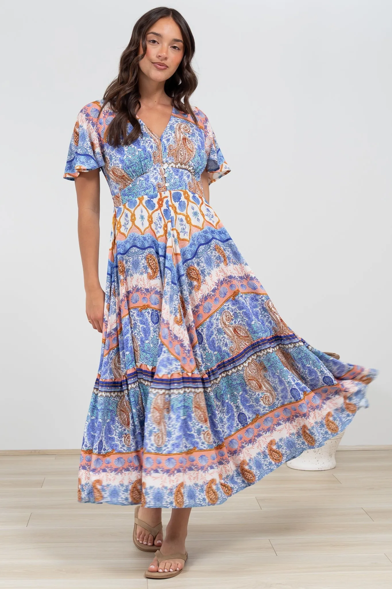 Libby Maxi Dress - Flutter Cap Sleeve Button Waist Detailed A Line Dress in Belly Print sold by Salty Crush