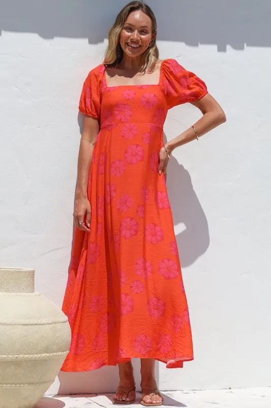 Nani Midi Dress - Milkmaid Neckline Dress with Short Sleeves in Sallio Print sold by Salty Crush