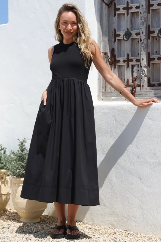 Vikki Midi Dress - Jersey Bodice Sleeveless A-Line Dress in Black sold by Salty Crush