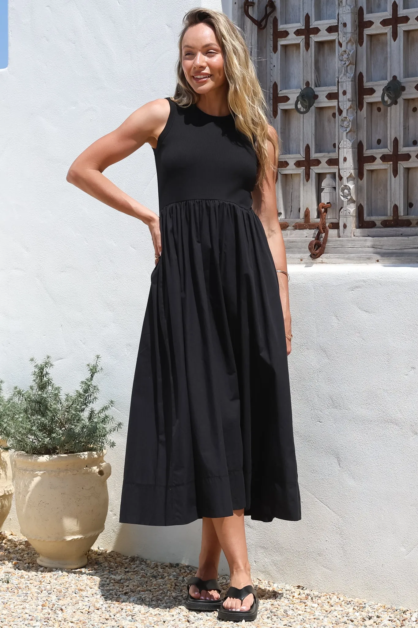 Vikki Midi Dress - Jersey Bodice Sleeveless A-Line Dress in Black sold by Salty Crush product image thumbnail 3