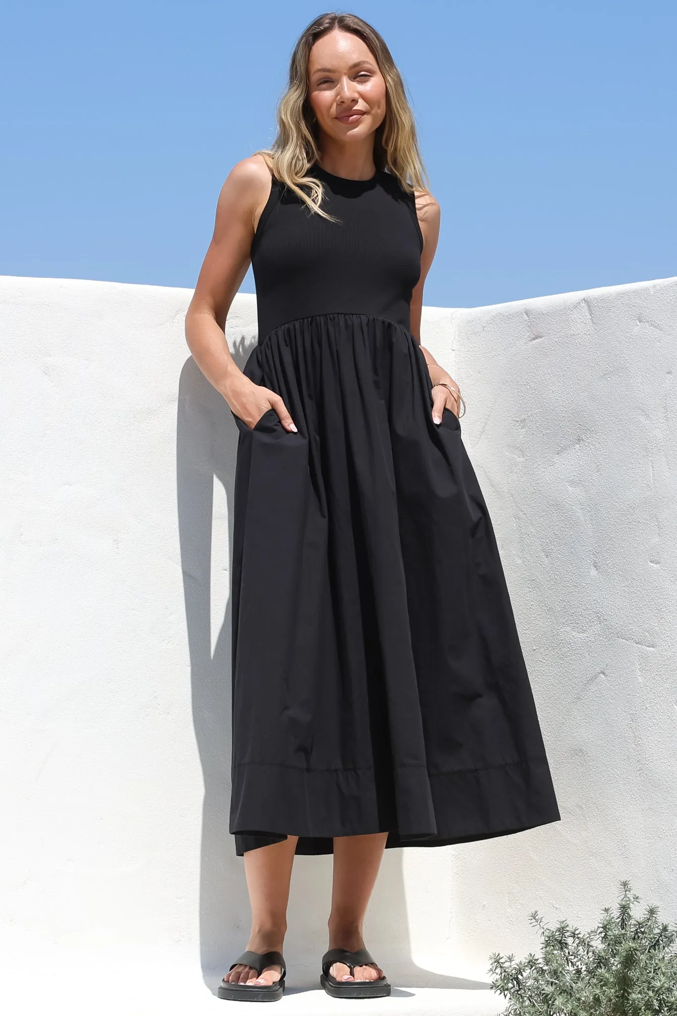 Vikki Midi Dress - Jersey Bodice Sleeveless A-Line Dress in Black sold by Salty Crush product image thumbnail 2