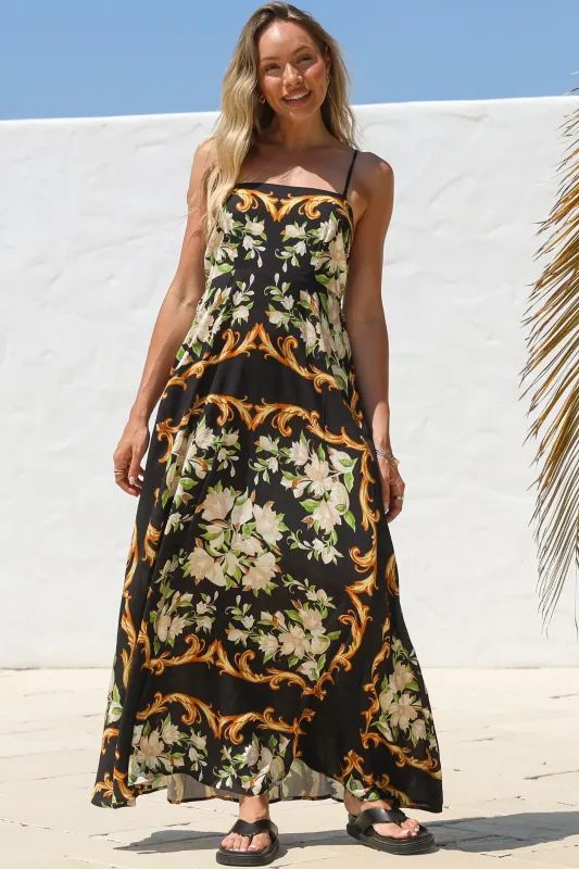 Radley Maxi Dress - Empire Line Sun Dress with Adjustable Straps in Evana Print Black sold by Salty Crush