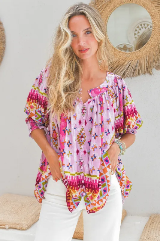 Hope Blouse - Mandarin Collar Button Down with Balloon Sleeves in Lost Tribe Print sold by Salty Crush