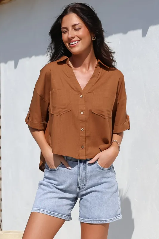 Marion Shirt - Collared Buttoned Down Shirt with Pockets in Rust sold by Salty Crush