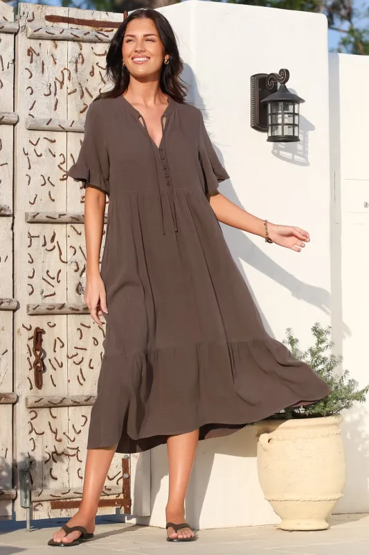Madalena Midi Dress - Mandarin Collar Buttoned Bodice Smock Dress in Mocha sold by Salty Crush