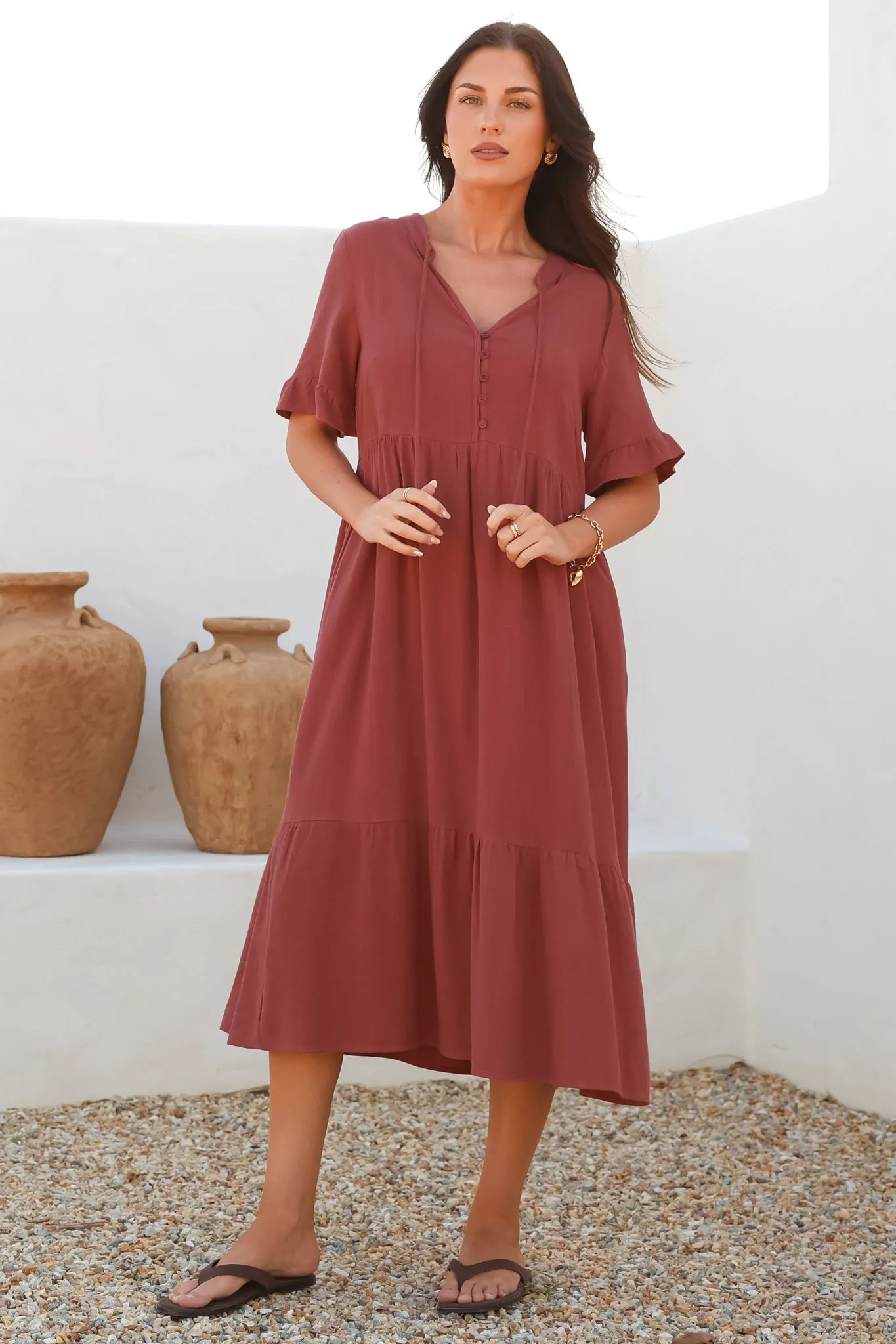 Madalena Midi Dress - Mandarin Collar Buttoned Bodice Smock Dress in Terracotta sold by Salty Crush