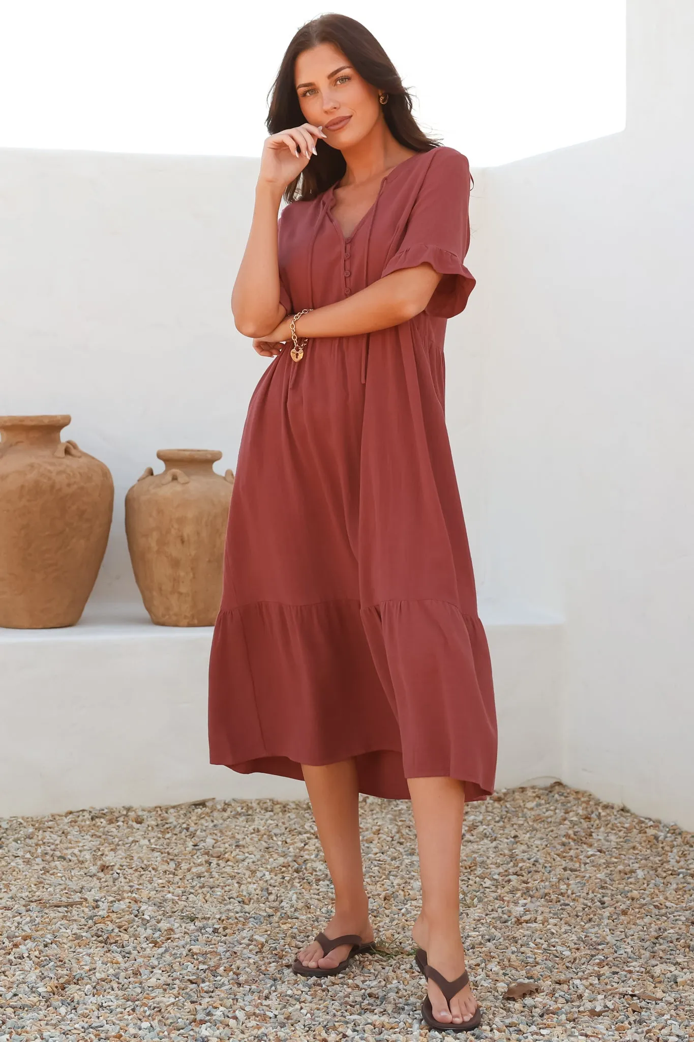 Madalena Midi Dress - Mandarin Collar Buttoned Bodice Smock Dress in Terracotta sold by Salty Crush product image thumbnail 3