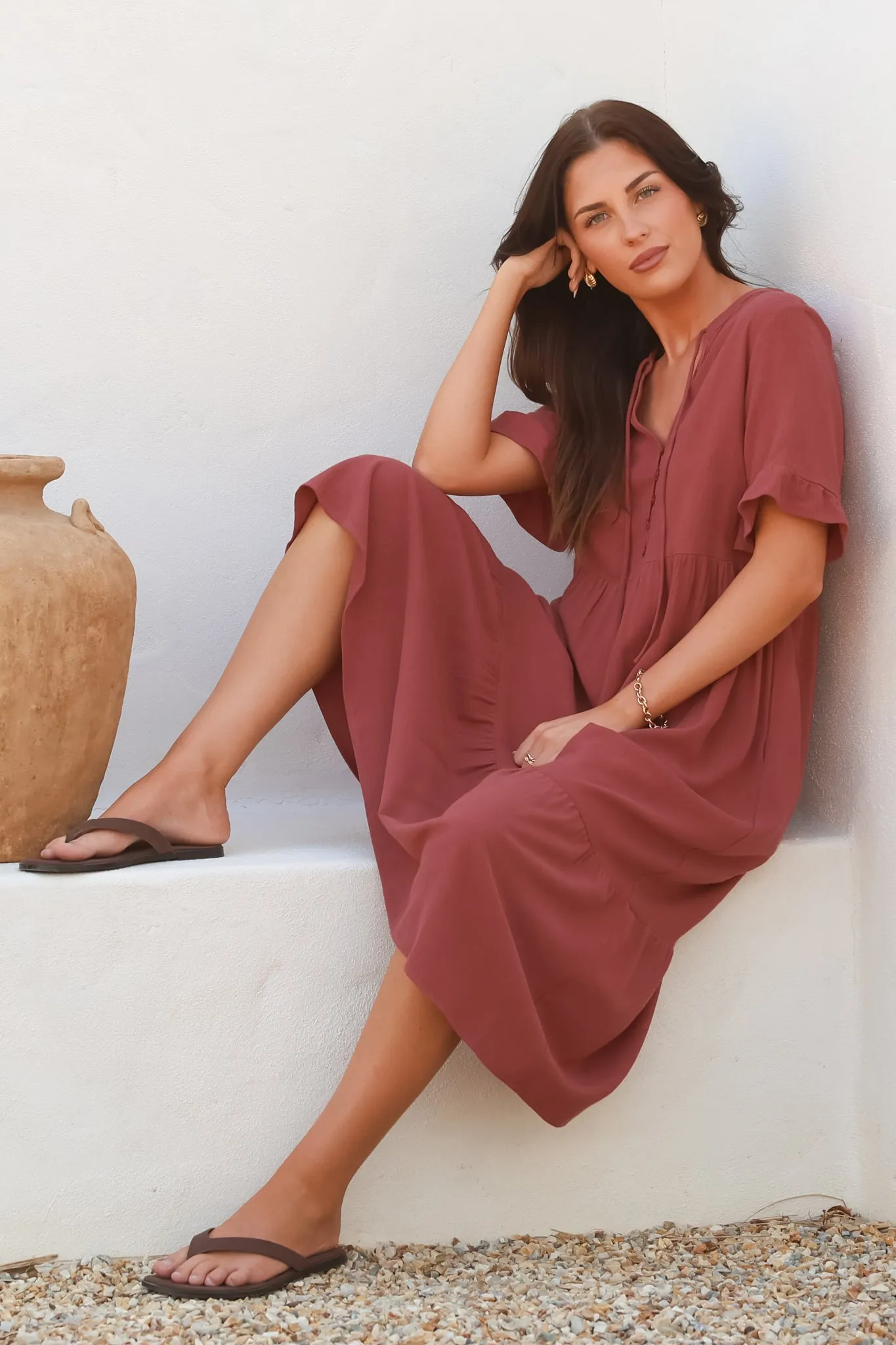 Madalena Midi Dress - Mandarin Collar Buttoned Bodice Smock Dress in Terracotta sold by Salty Crush product image thumbnail 2