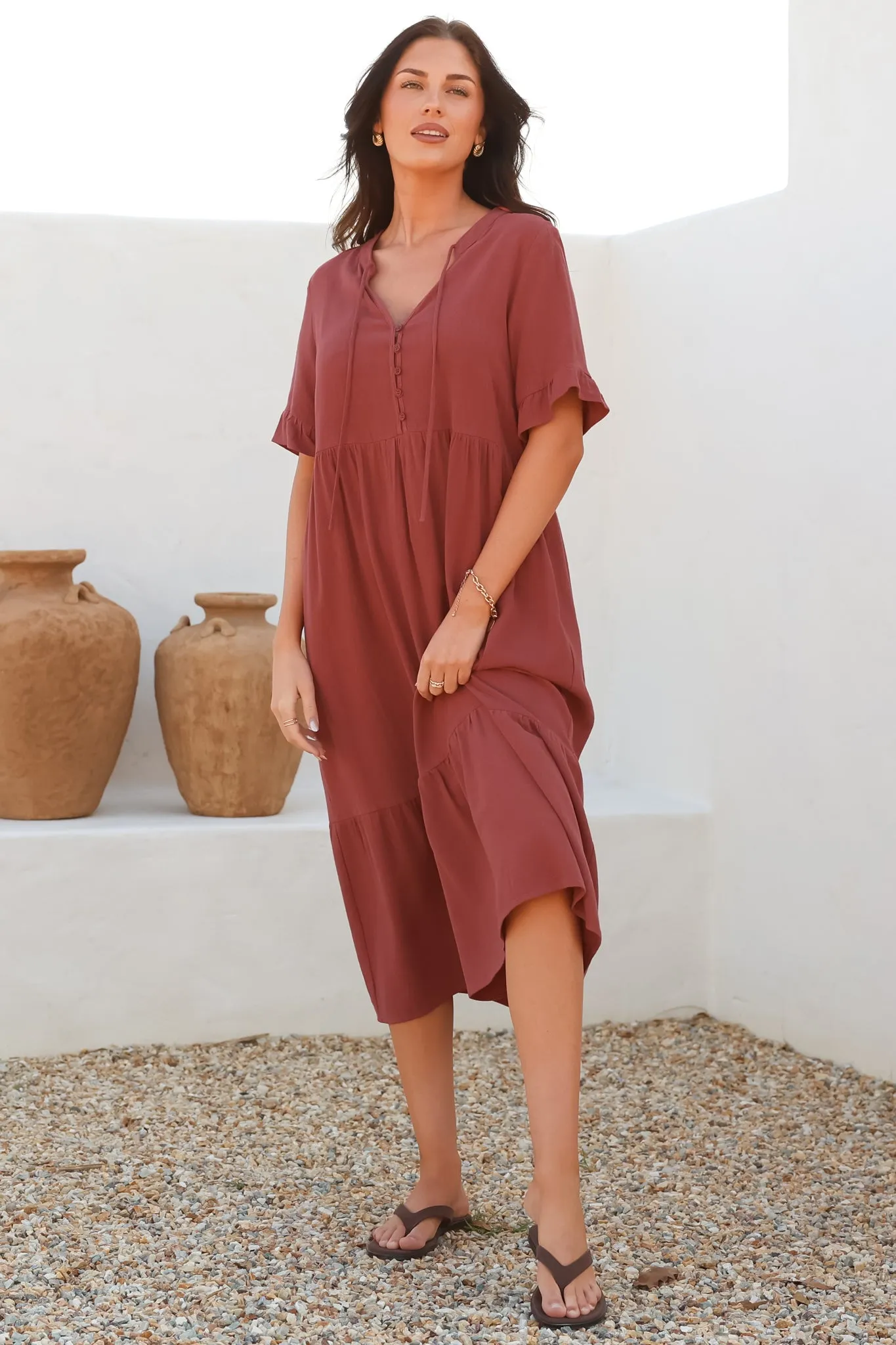 Madalena Midi Dress - Mandarin Collar Buttoned Bodice Smock Dress in Terracotta sold by Salty Crush product image thumbnail 4