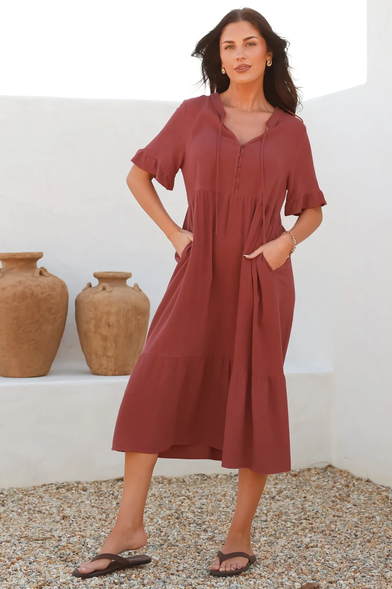 Madalena Midi Dress - Mandarin Collar Buttoned Bodice Smock Dress in Terracotta sold by Salty Crush product image thumbnail 5