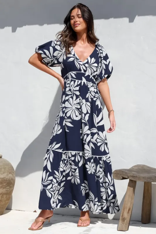 Manaya Maxi Dress - Soft V Neck Tiered Dress with Short Balloon Sleeves in Charlene Print Navy sold by Salty Crush