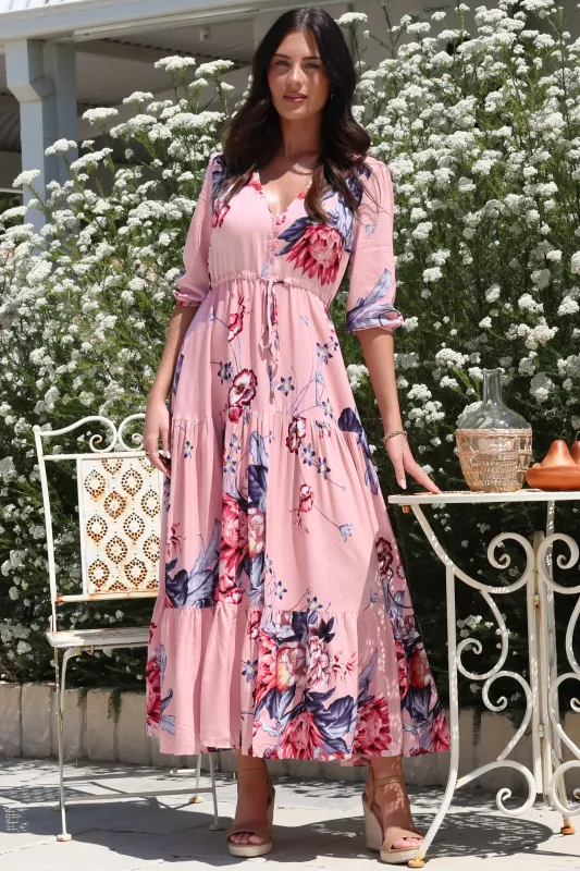 Tessa Maxi Dress - A Line Pull Tie Waist Dress in Dahlia Print sold by Salty Crush