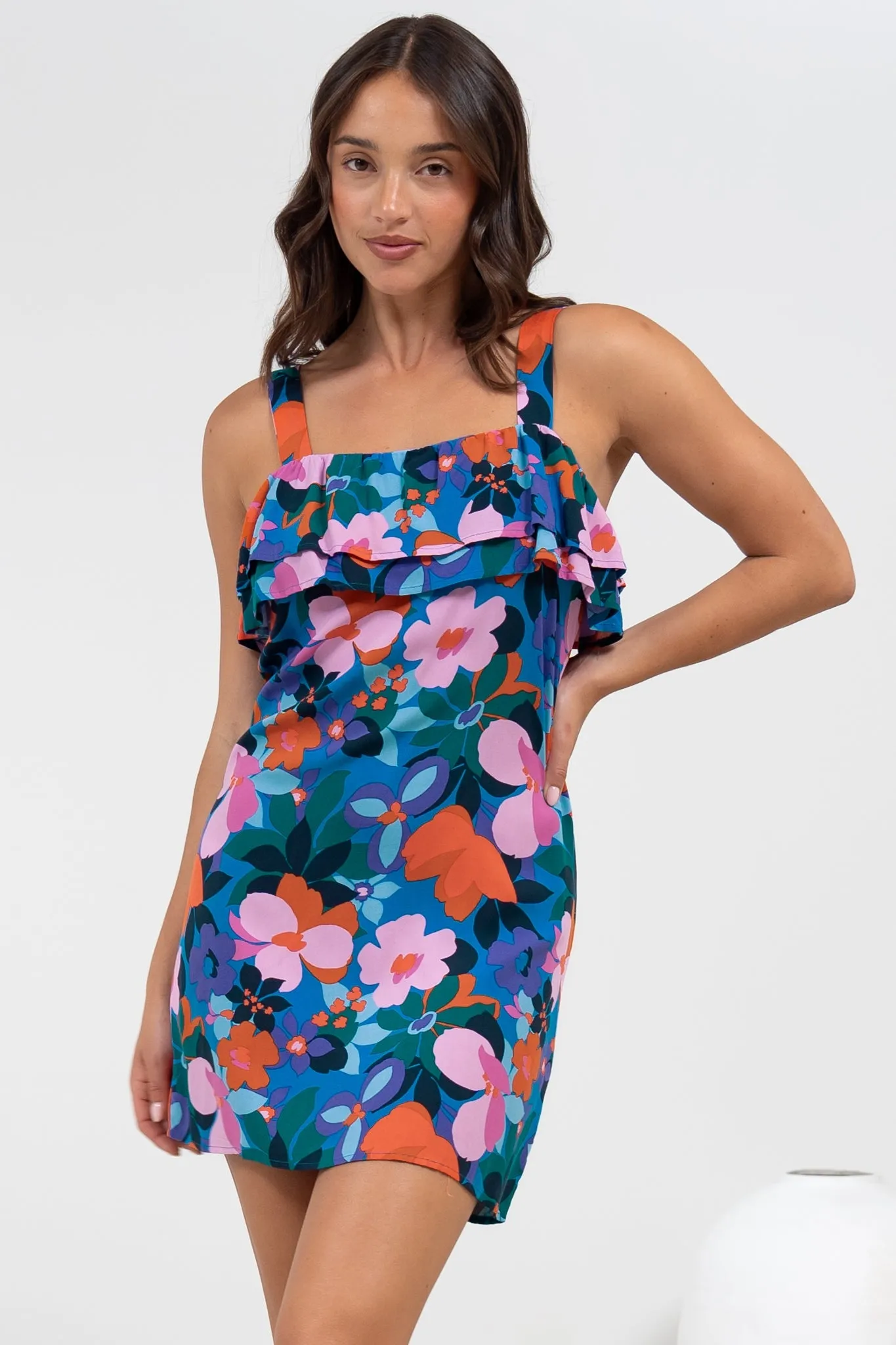 Brinley Mini Dress - Adjustable Strap Dress with Frill Layer Overlay on Bodice in Florabelle Print sold by Salty Crush