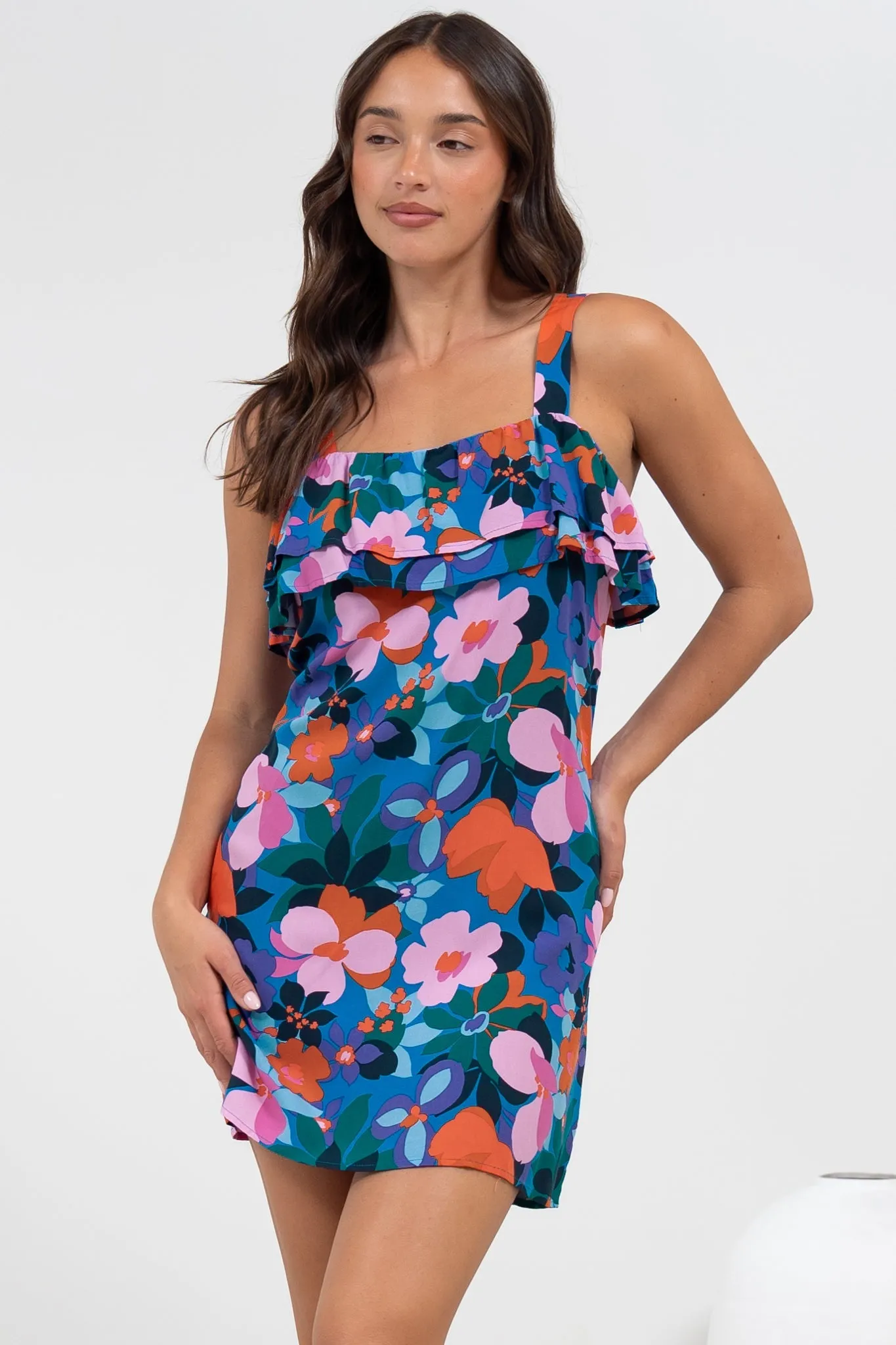 Brinley Mini Dress - Adjustable Strap Dress with Frill Layer Overlay on Bodice in Florabelle Print sold by Salty Crush product image thumbnail 5