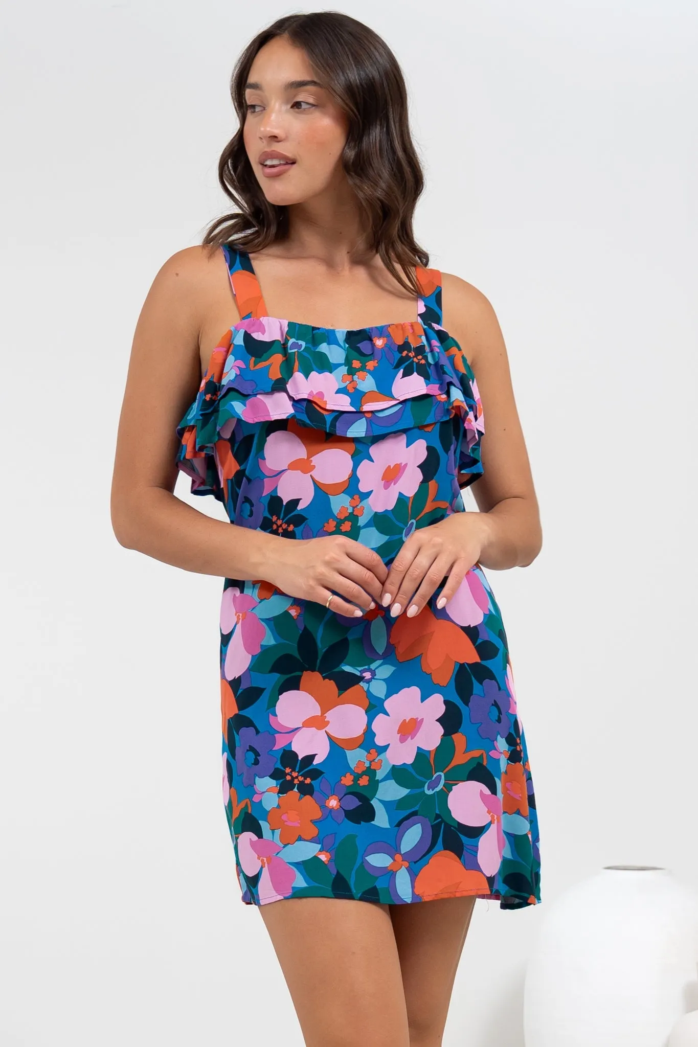Brinley Mini Dress - Adjustable Strap Dress with Frill Layer Overlay on Bodice in Florabelle Print sold by Salty Crush product image thumbnail 3