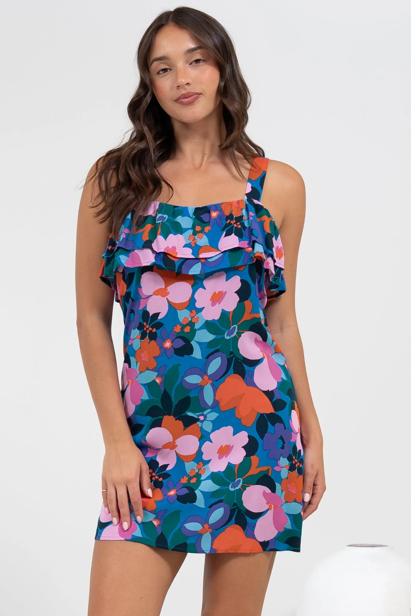 Brinley Mini Dress - Adjustable Strap Dress with Frill Layer Overlay on Bodice in Florabelle Print sold by Salty Crush product image thumbnail 2