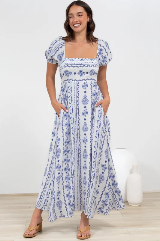 Elira Maxi Dress - Milkmaid Neckline A-Line Dress with Short Sleeves in Mabel Print sold by Salty Crush